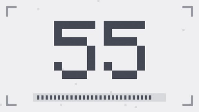 White 60 second pixel countdown timer from 60 to 1, 8bit retro arcade game style