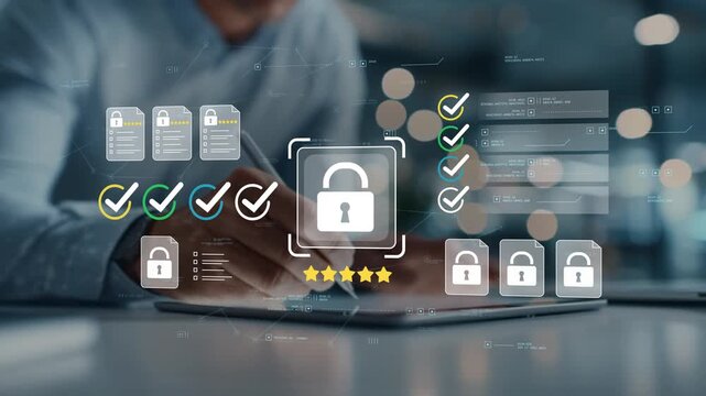 Information security platform with animated lock symbol, secure document management, enterprise compliance workflow and business technology interface managed by businessman in modern office