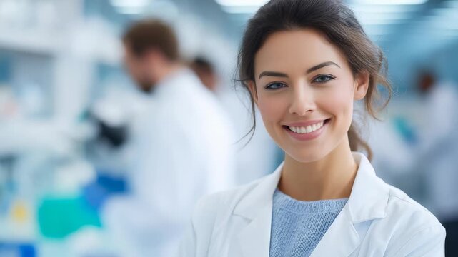 Young female scientist with a friendly smile poses in a contemporary laboratory environment, symbolizing progress in science. She embodies expertise, innovation, and dedication to research