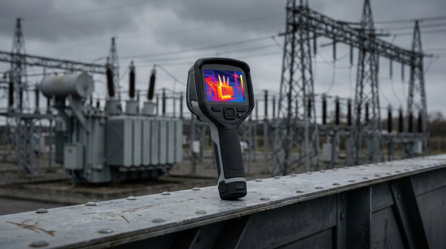Thermal camera detecting heat on electrical transformer in power substation under cloudy sky, showing vibrant heat map colors