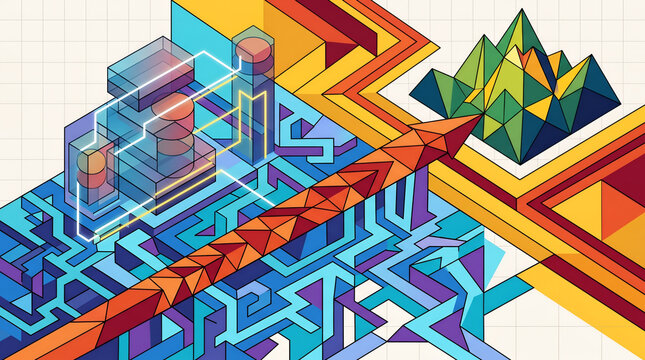 Isometric Abstract Technology Data Flow and Complex Network Concept Illustration