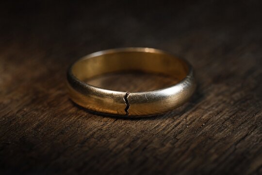 A broken wedding ring lies on wood with a visible crack and side lighting.