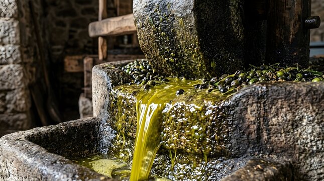 Traditional stone mill crushing fresh olives and extracting bright green liquid oil in a rustic and historic Mediterranean press facility