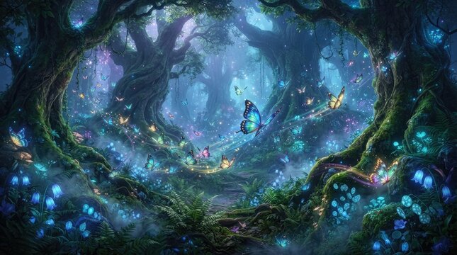 A magical forest scene glows with an ethereal blue light.