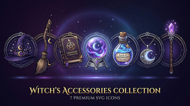 Witch accessories collection with crystal ball and magic items, accessories