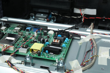 Fototapeta premium Microchips, the contents of a computer part, a chip, an electrician, equipment.