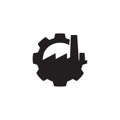 Obraz premium Print: Industrial factory building inside gear cogwheel icon, manufacturing plant silhouette for engineering and heavy industry symbol vector