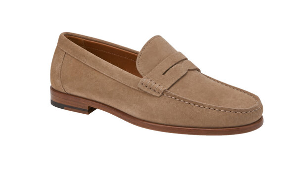 Classic tan suede penny loafer shoe for men, elegant and versatile footwear