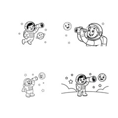Fototapeta premium Cute Astronaut Exploring Space with Telescope Coloring Page Vector Set for Kids Black and White Outline Illustration