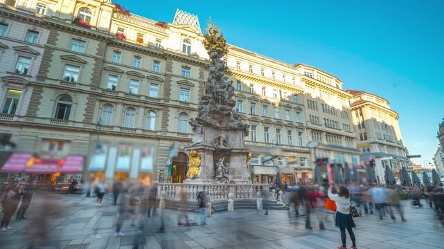 Hyperlapse of the Plague Column on Graben Street in Vienna Austria featuring historic Baroque architecture