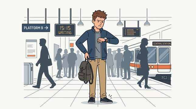 Angry young man checking his wristwatch while waiting for a delayed train at the station