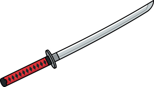 Traditional Japanese samurai katana sword vector illustration with sharp steel blade and red wrapped handle isolated on white