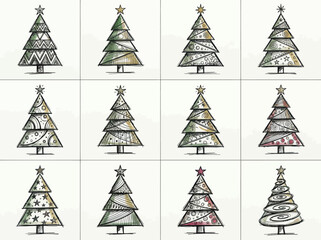 Obraz premium Set of twelve decorative hand drawn Christmas trees with doodle patterns