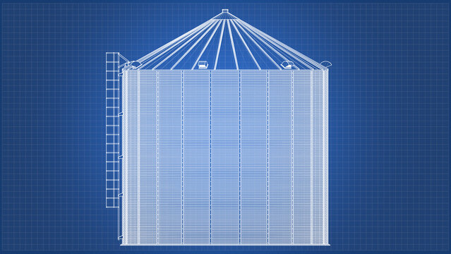 Silo design and engineering - technical drawing blueprint. 3D rendering isolated on blue background. Ideal for professionals, educational, engineering design