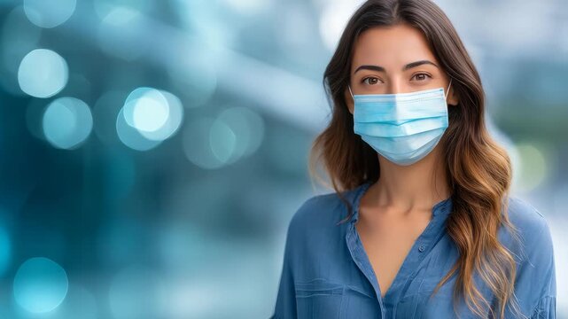Portrait of a stylish woman in a blue shirt and medical mask, symbolizing modern health precautions in city life. The bokeh background highlights her focus on safety and personal responsibility