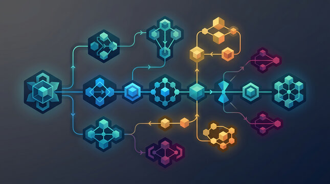 Abstract AI Automation Flowchart and Blockchain Data Process Diagram