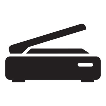 Minimalist black flatbed scanner icon representing digital document processing
