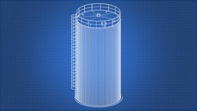 Powdered Milk Silo design and engineering - technical drawing blueprint. 3D rendering isolated on blue background. Ideal for professionals, educational, engineering design