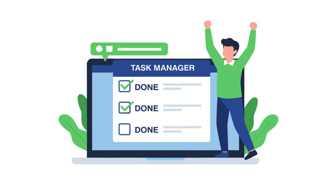 Business Productivity and Time Management Concept with Man Celebrating Completed Tasks on a Digital Task Manager Checklist App
