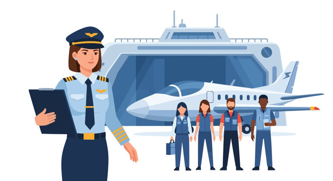 Female Pilot Standing with Ground Crew and Private Jet at Airport Hangar Vector Illustration