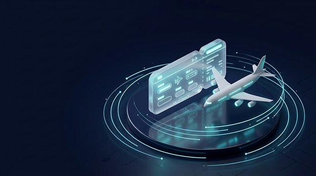 Futuristic airplane and boarding pass on digital tech platform