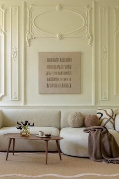 Minimalist Living Room with Ornate Wall Decor and Elegant Details for Modern Home Interior Design