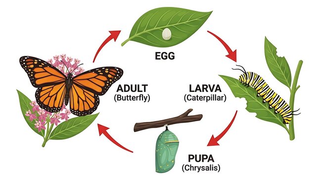 Metamorphosis life cycle stages of a monarch butterfly illustration