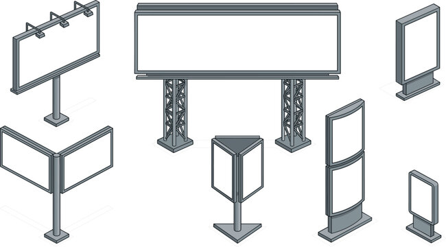 Isometric Blank Billboard Icon Set with Outdoor Advertising Mockup Signs Information Stands and Lightbox Displays for Marketing Media Layouts
