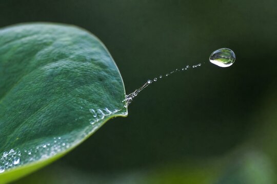Water droplet launching from green lotus leaf, macro detail of splash.