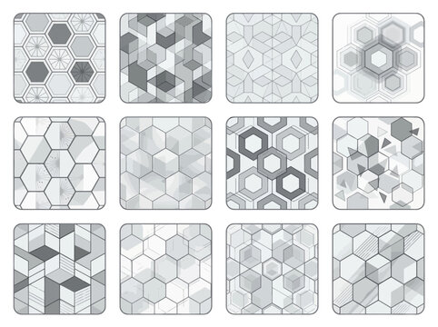 Set of Twelve Monochrome Hexagon Geometric Pattern Icons for Web Design
