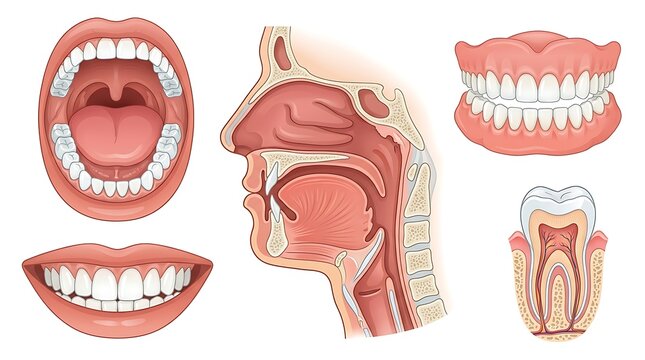 Human oral anatomy mouth jaw teeth and throat medical illustration with clinical