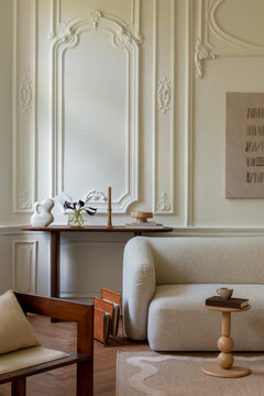 Elegant Living Room Interior with Neutral Tones and Classic Architectural Details, Featuring Modern Furniture and Decor