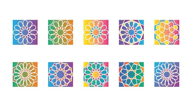 Colorful Islamic geometric mandala pattern tile set.
