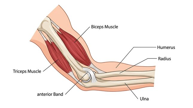 Human elbow anatomy muscle and bone structure diagram with physiology, ligament