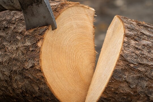 A wooden log cleanly split by an axe, revealing a fresh cross-section.