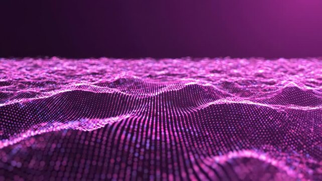 Abstract digital terrain with purple wave particles and grid mesh