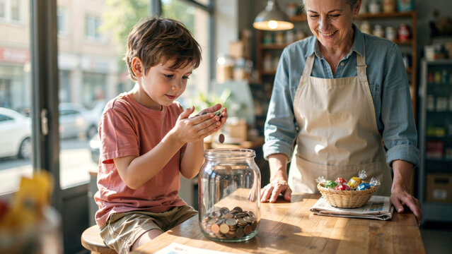 Young boy dropping coins into glass jar while smiling woman watches beside him at counter with carefully dropping metallic smile shop setting