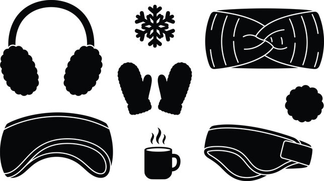Winter Earmuffs and Headband Accessory Silhouette Set for Cold Weather Apparel Designs