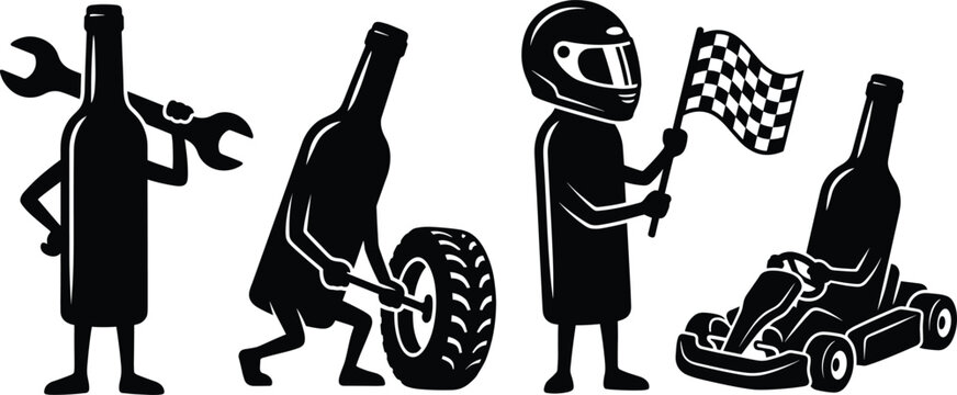 Go Kart Racing Bottle Character Silhouette Vector Set for Motorsports Bar Logo Designs