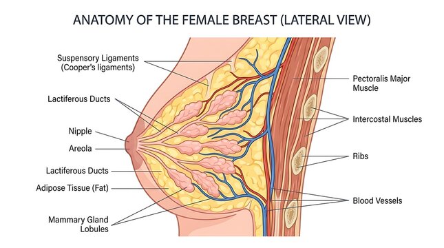 Anatomical diagram of the human female breast in lateral view with physiology