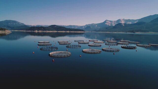 Aerial view of trout production in floating cages on a mountain reservoir. Calm waters, circular pens, and the natural landscape showcase modern inland aquaculture and sustainable trout farming today.