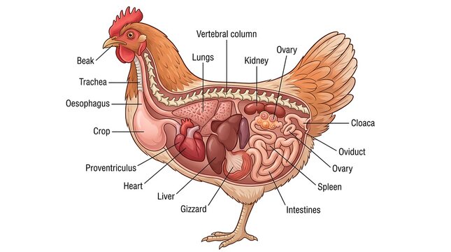 Anatomical diagram of a chicken internal organ structure and body systems