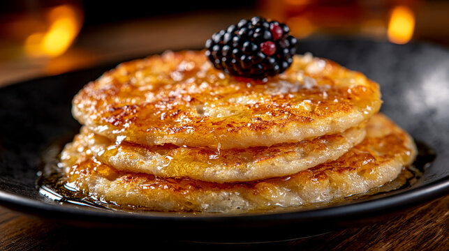 Stack of golden brown pancakes with blackberry and maple syrup pancakes breakfast