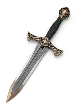 Ornate Medieval Fantasy Dagger with Bronze Filigree Hilt and Steel Blade Isolated on White Background for Cosplay