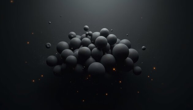 Clustered dark textured spheres in abstract space with subtle glowing particles
