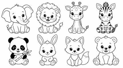 Fototapeta premium Group of Cute Baby Animals Coloring Characters in Line Art