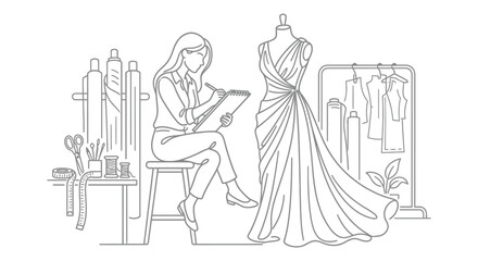 Obraz premium Fashion Designer Sketching Dress Line Art Illustration