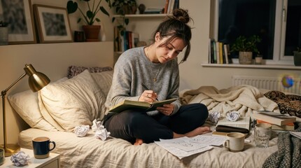 Fototapeta premium A young woman sitting on her messy bed in a cozy bedroom during the night while focused on writing notes in a notebook for study