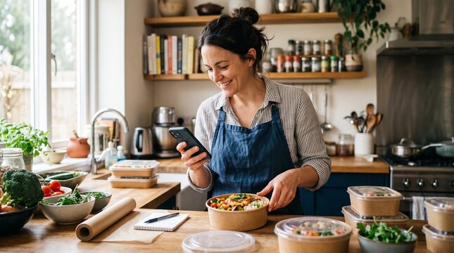 Smiling business owner checking smartphone while preparing healthy meal prep AIzaSyDDgoxrPgSbFCIAhSC8h0DcHjQgnK4Y0b8 in kitchen
