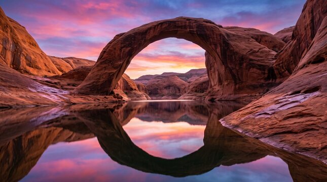 Scenic natural rock arch reflecting in calm water at sunrise. Iconic desert landscape with warm golden light and serene atmosphere for travel and a...
